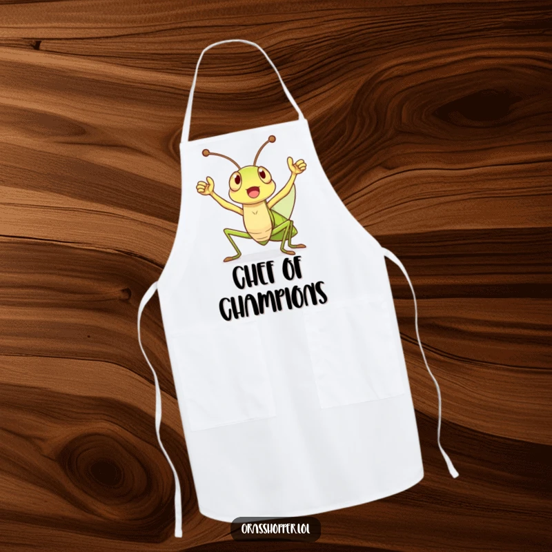 Funny Apron featuring a grasshopper holding antennae high in a triumphant cheer, perfect for celebrating culinary wins.
