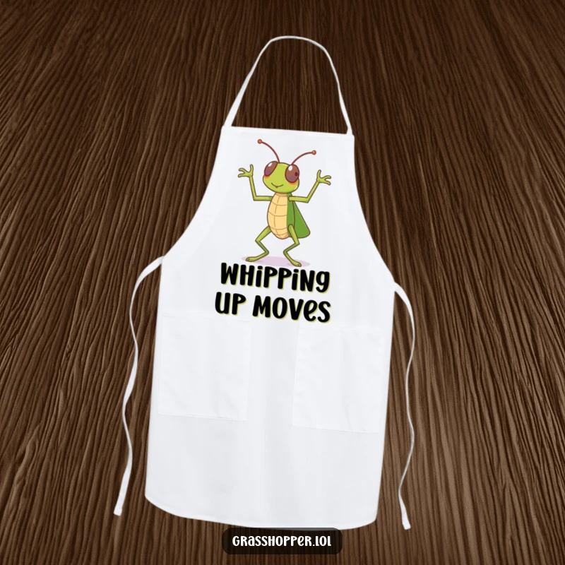 Funny grasshopper apron, mid-dance celebration with legs kicking, ideal for kitchen use, a funny gift.