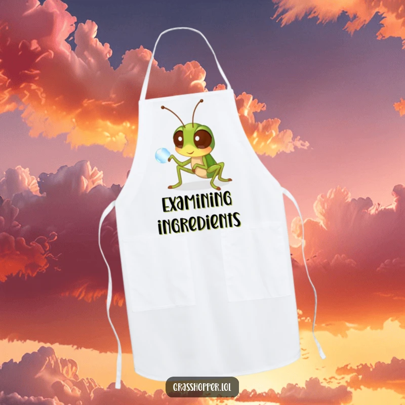 Funny grasshopper apron featuring a curious insect examining a dewdrop, ideal for kitchen use with a humorous touch.