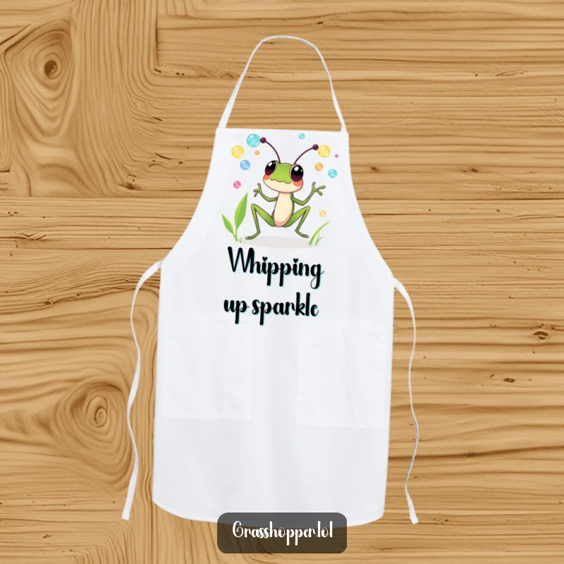 Funny kitchen apron with a grasshopper joyfully juggling colorful dewdrops, ideal for cooking and funny gift lovers.