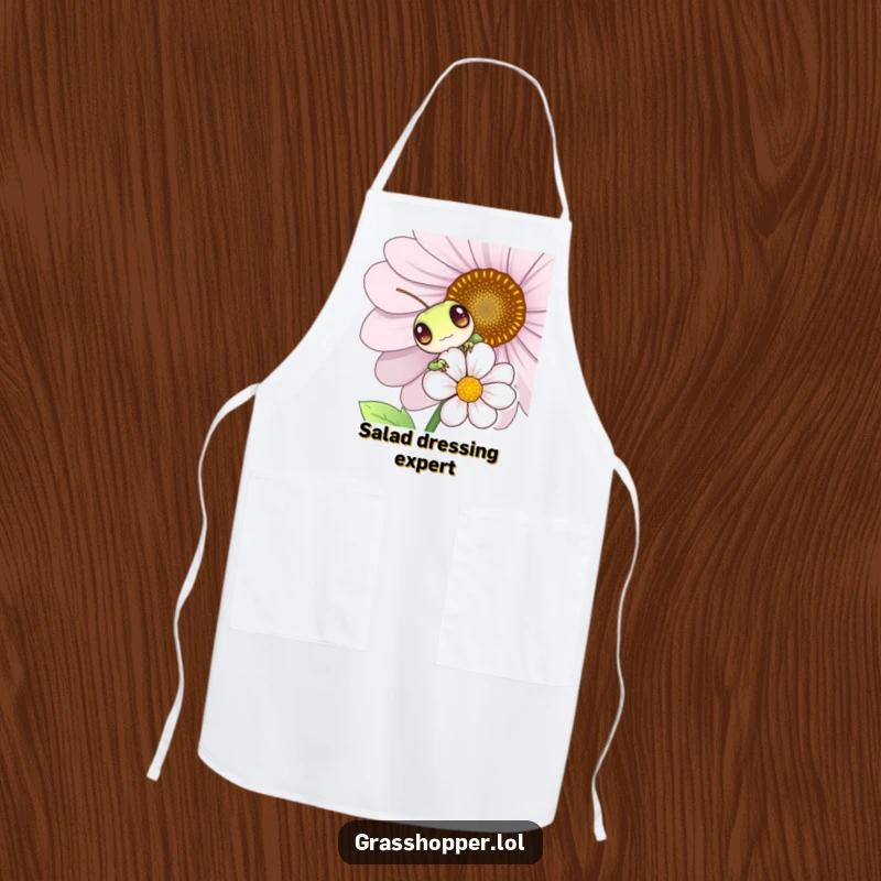 Funny grasshopper peeking from behind a flower, durable kitchen apron, playful insect design, protective and humorous wear.