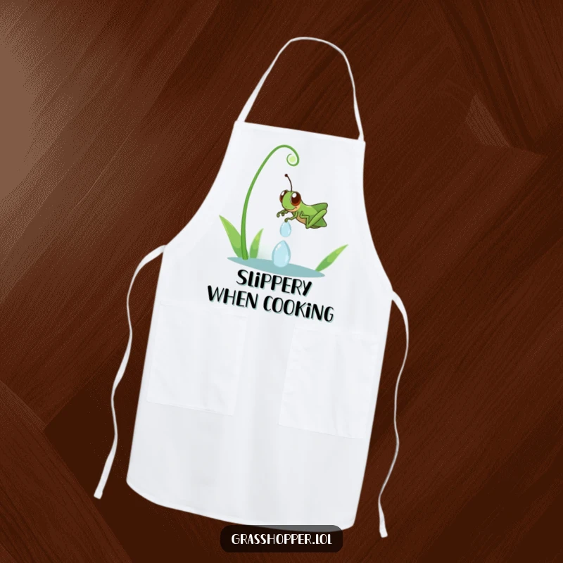 Funny grasshopper sliding down a dewdrop, featured on a kitchen apron, designed to add humor to cooking and baking.