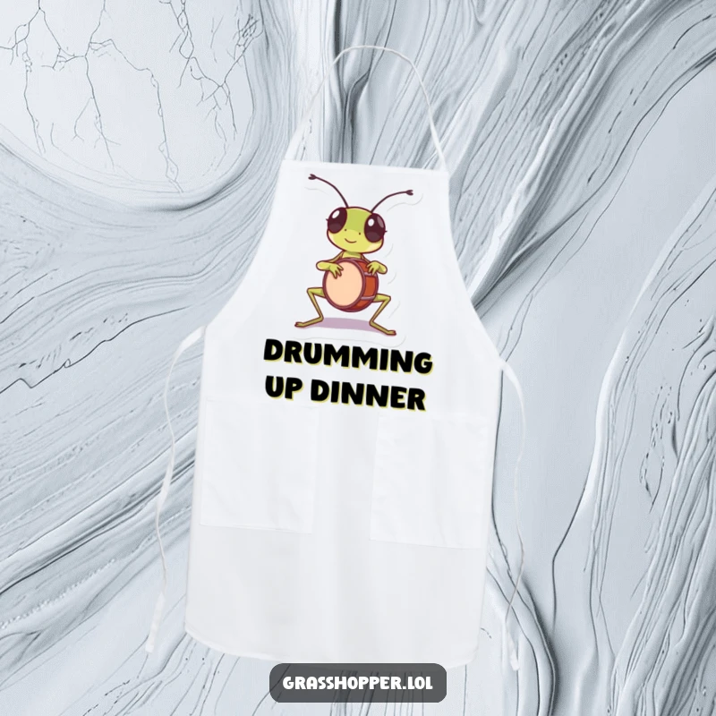 Funny grasshopper apron, energetically playing a tiny drum with its front legs, perfect for a musical cook.