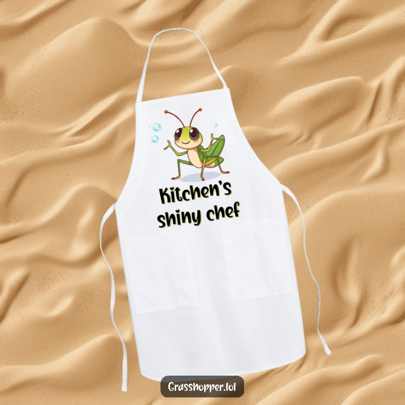 Funny grasshopper character cheerfully juggling dewdrops with its legs on this apron, a skillful funny gift.