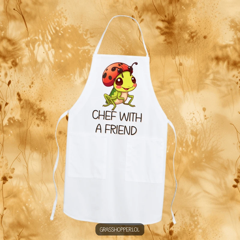 Funny grasshopper wearing a ladybug as a hat on a kitchen apron, cute and functional chef wear gift.