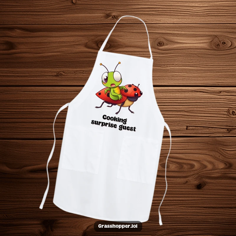 Funny Grasshopper Apron designed with a grasshopper making a surprised face while riding a ladybug, great for cooking.