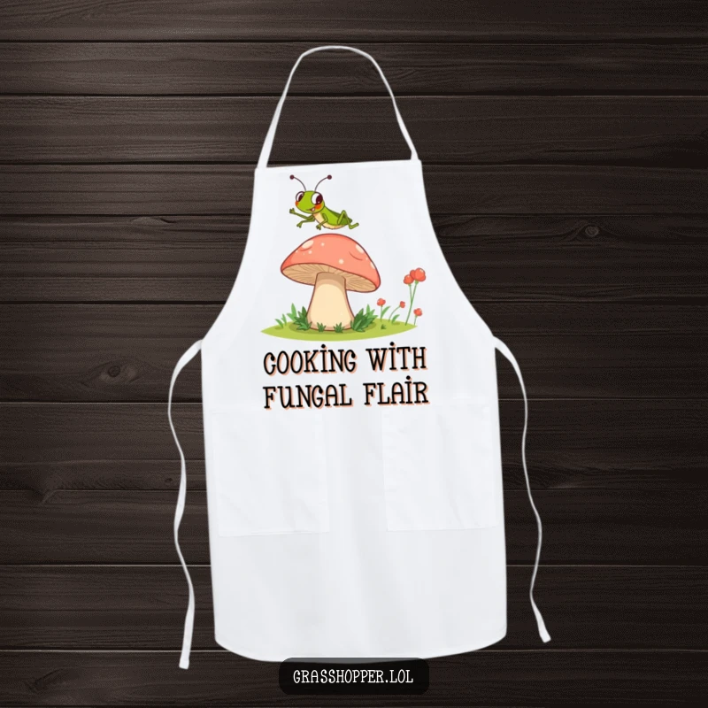 Funny Grasshopper Apron designed with a grasshopper humorously jumping over a large mushroom, perfect for cooking.
