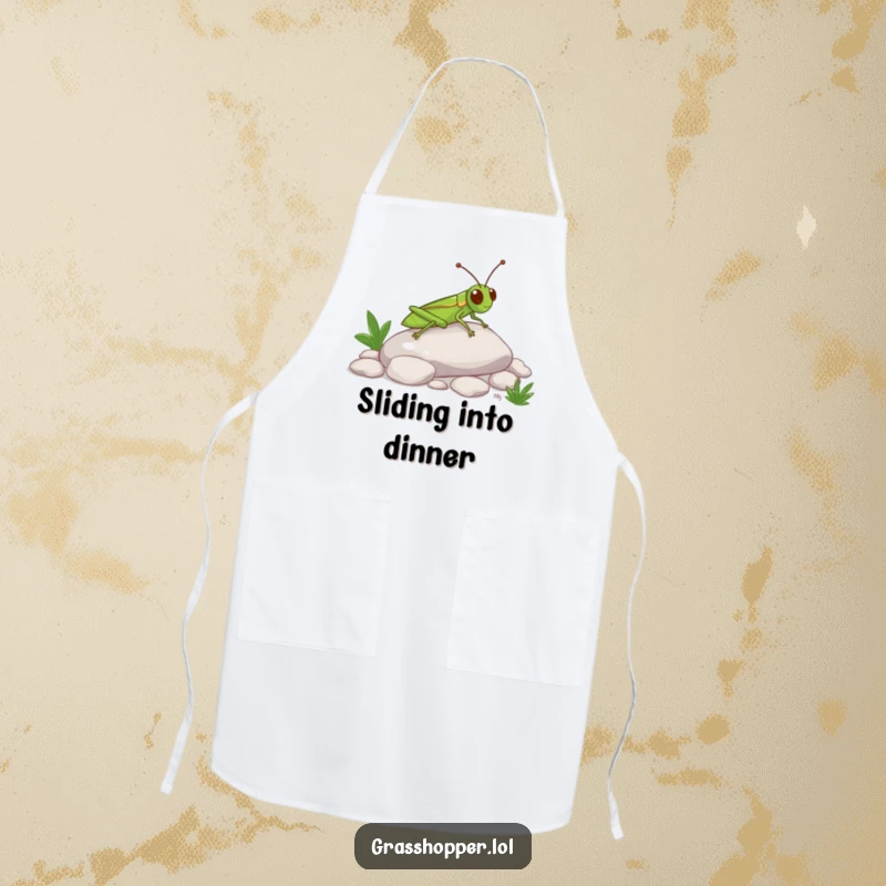 Funny Grasshopper Apron featuring a happy insect sliding down a pebble, perfect for kitchen protection and adding humor.