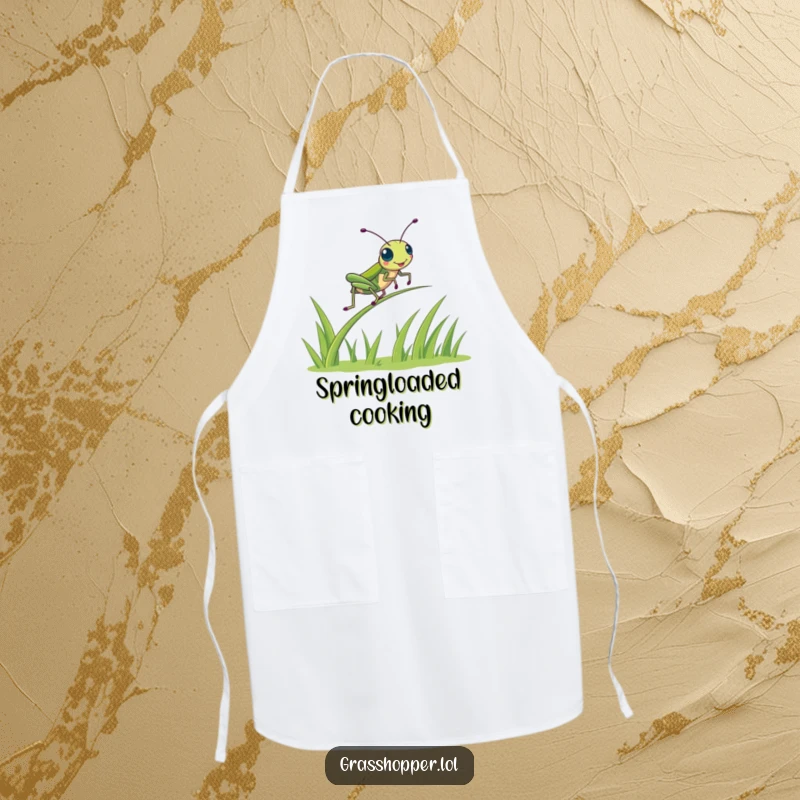 Funny kawaii grasshopper mid-bounce on a kitchen apron, adding a splash of fun to cooking, cute chef gift.