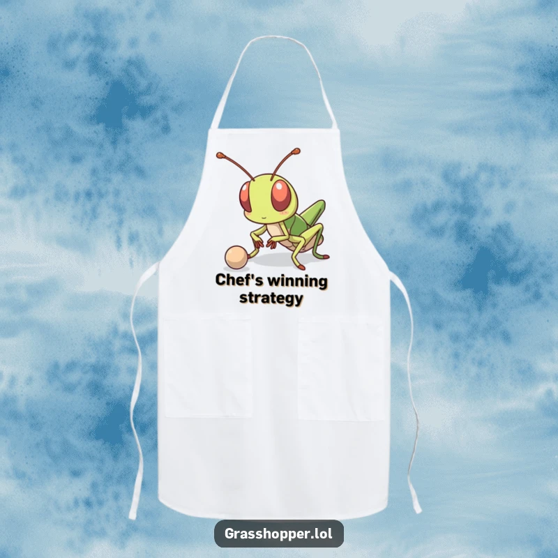 Funny kawaii grasshopper wearing an apron, with a determined look, ready to bounce a ball or cook.