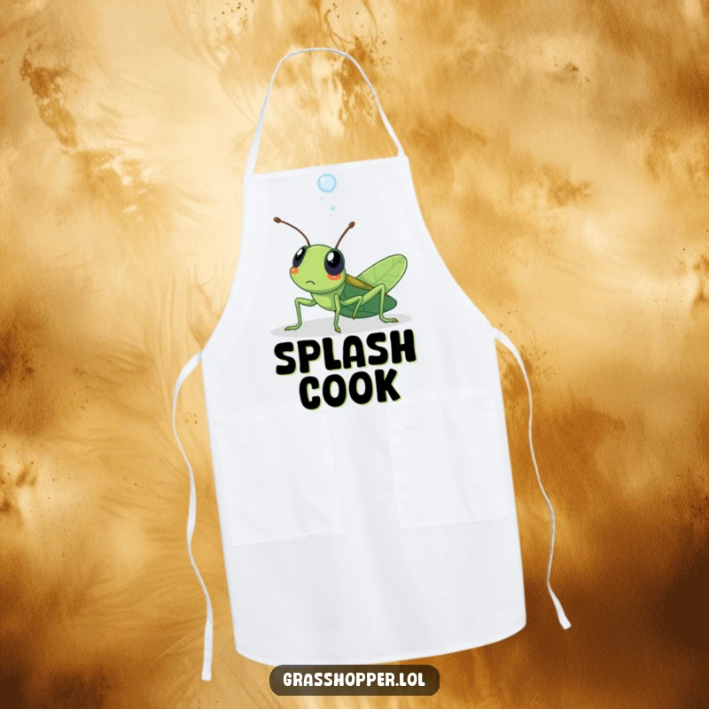 Funny kawaii grasshopper apron featuring a grasshopper surprised by a dewdrop, perfect for kitchen fun.