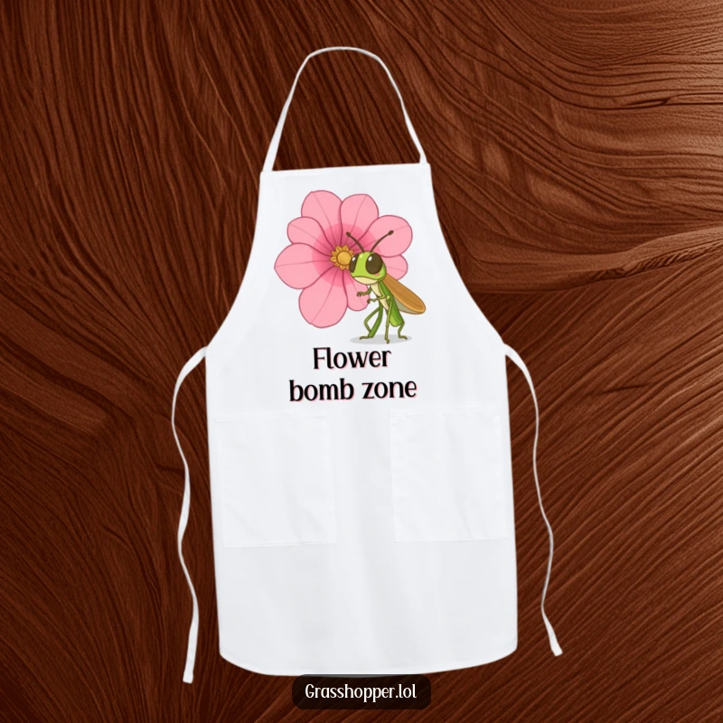 Funny grasshopper apron, showing surprise as a petal falls, ideal for kitchen use, a hilarious and funny gift.