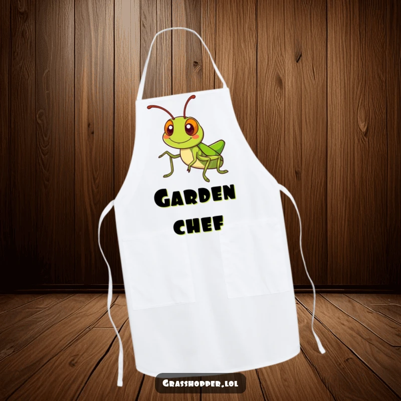 Kawaii grasshopper apron featuring a silly grinning grasshopper waving its antennae, perfect for kitchen fun.