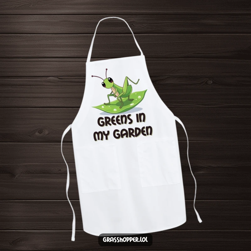 Funny Apron: A grasshopper doing a cartwheel on a dewy leaf, adding playful energy to kitchen wear.