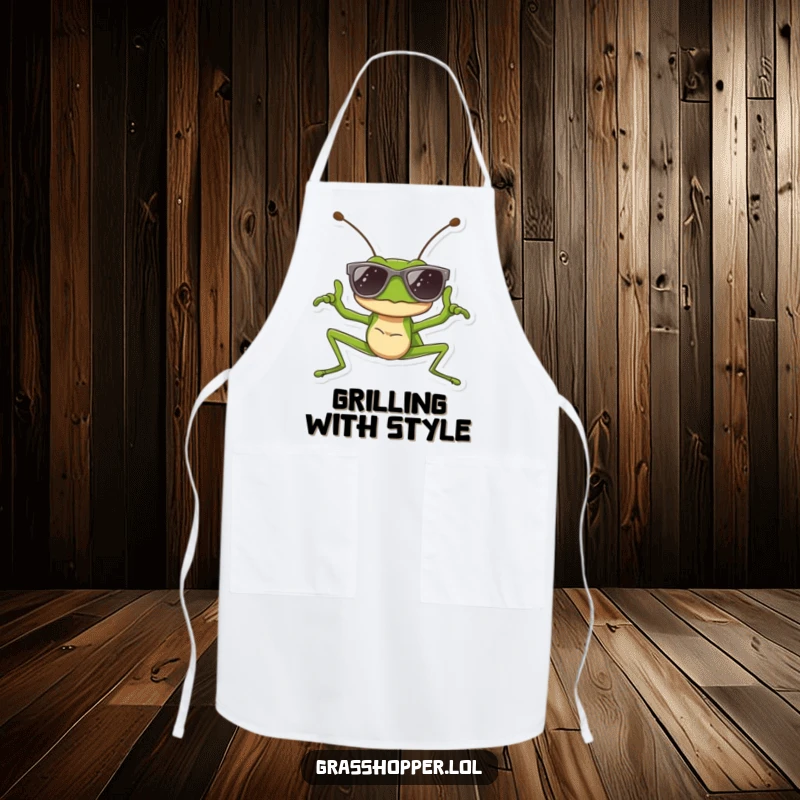 Funny kitchen apron with a grasshopper wearing sunglasses and striking a cool pose, ideal for cooking and funny gift lovers.