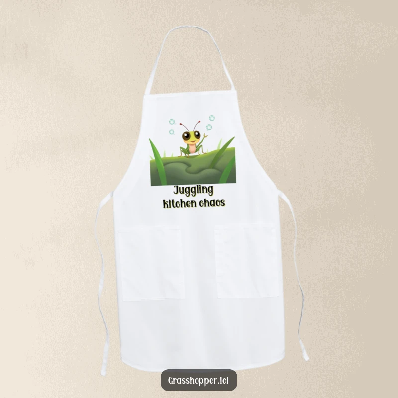 Funny grasshopper with wide, determined eyes attempting to juggle tiny dewdrops while wearing an apron, chef humor gift.