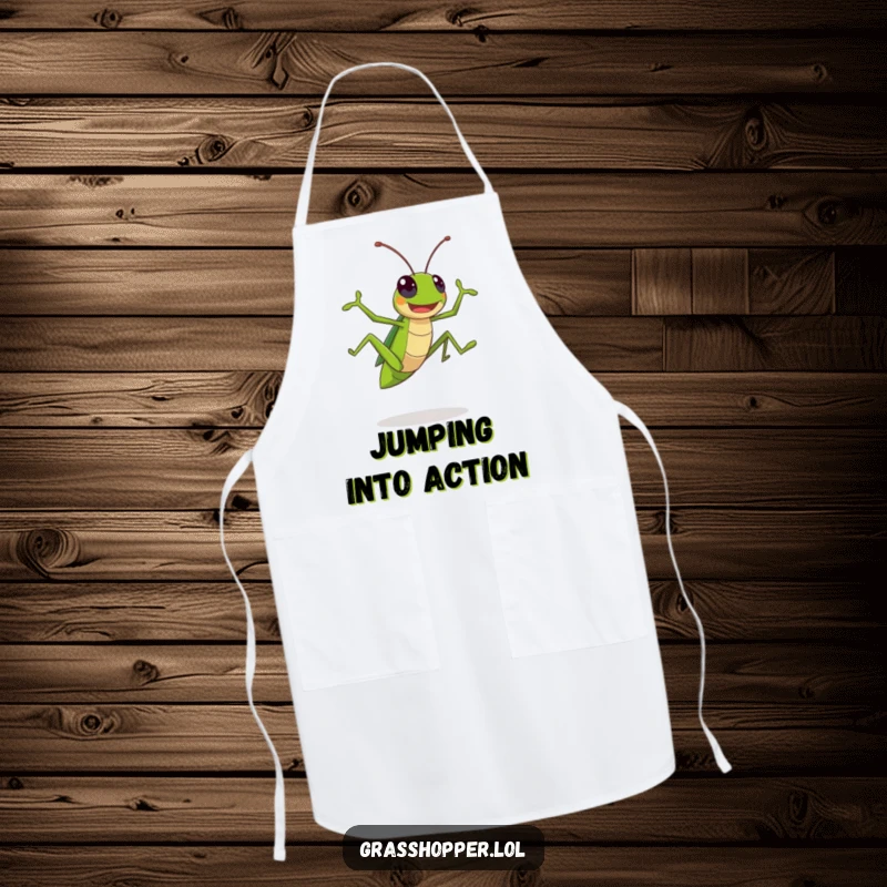 Funny Kawaii Grasshopper Apron: A cheerful insect mid-leap, adorning a functional apron for funny culinary creations.