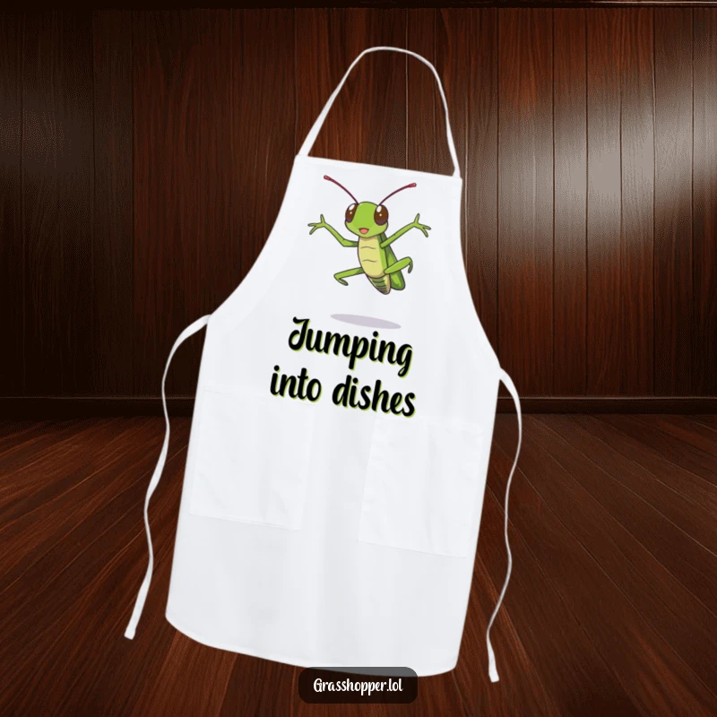 Funny grasshopper apron featuring a grasshopper mid-leap, legs extended dramatically, for a humorous and active cooking experience.