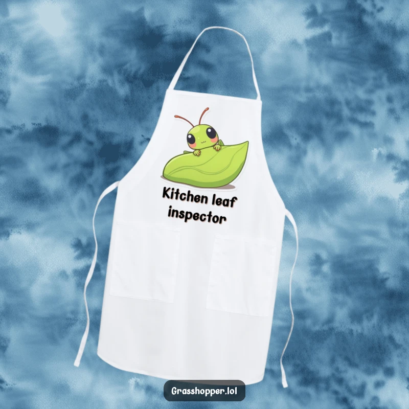 Funny kawaii grasshopper peeking from behind a large leaf, a cute and functional apron for cooking and baking.
