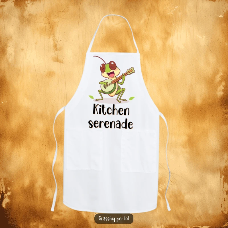 Funny grasshopper character excitedly playing a tiny leaf banjo on this apron, a rhythmic funny gift.