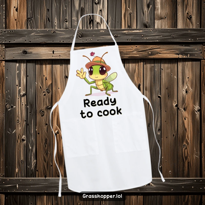 Funny Grasshopper Apron featuring a hat-wearing insect waving, perfect for kitchen protection and adding a humorous element.
