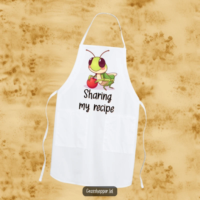 Funny grasshopper apron, with a friendly grin sharing a berry, ideal for kitchen use, a funny gift.