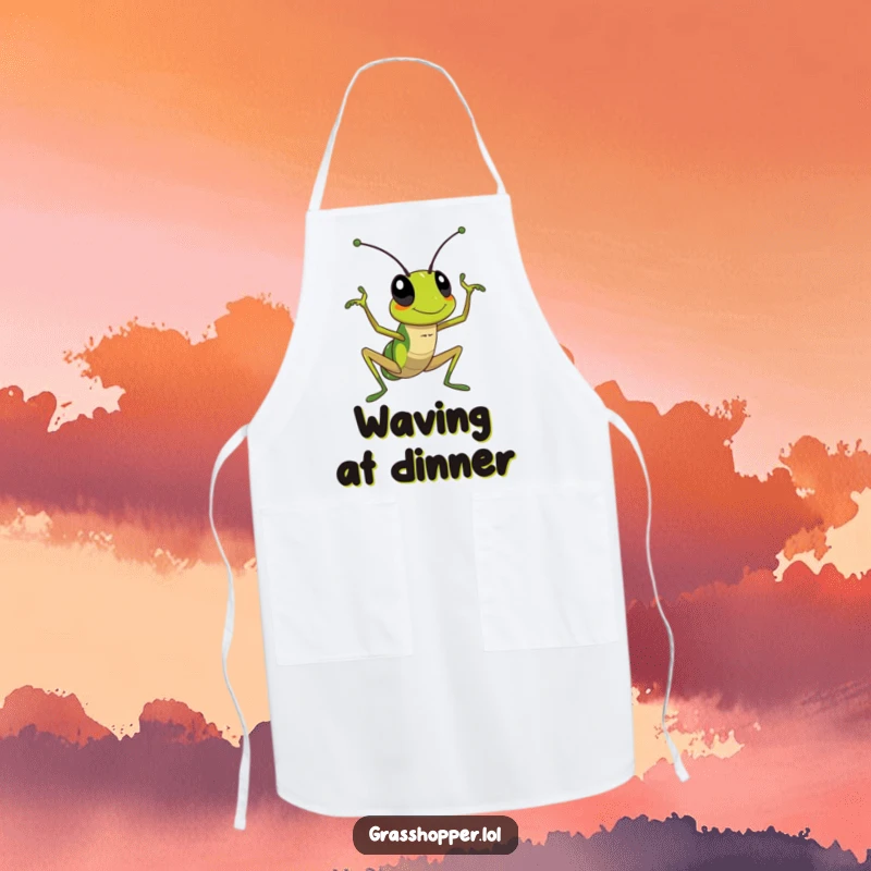 Funny Apron: A grasshopper enthusiastically waving its antenna, adding a friendly greeting to kitchen wear.