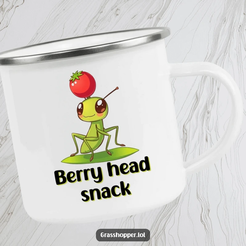 Funny Grasshopper Camping Mug depicting a grasshopper balancing a bright red berry on its head, perfect for outdoor trips.