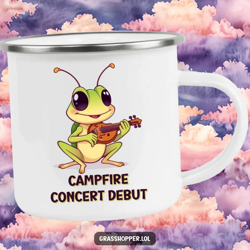 Funny enamel camping mug featuring a grasshopper with a cheerful grin playing a tiny violin, great for outdoor fun and funny gifts.