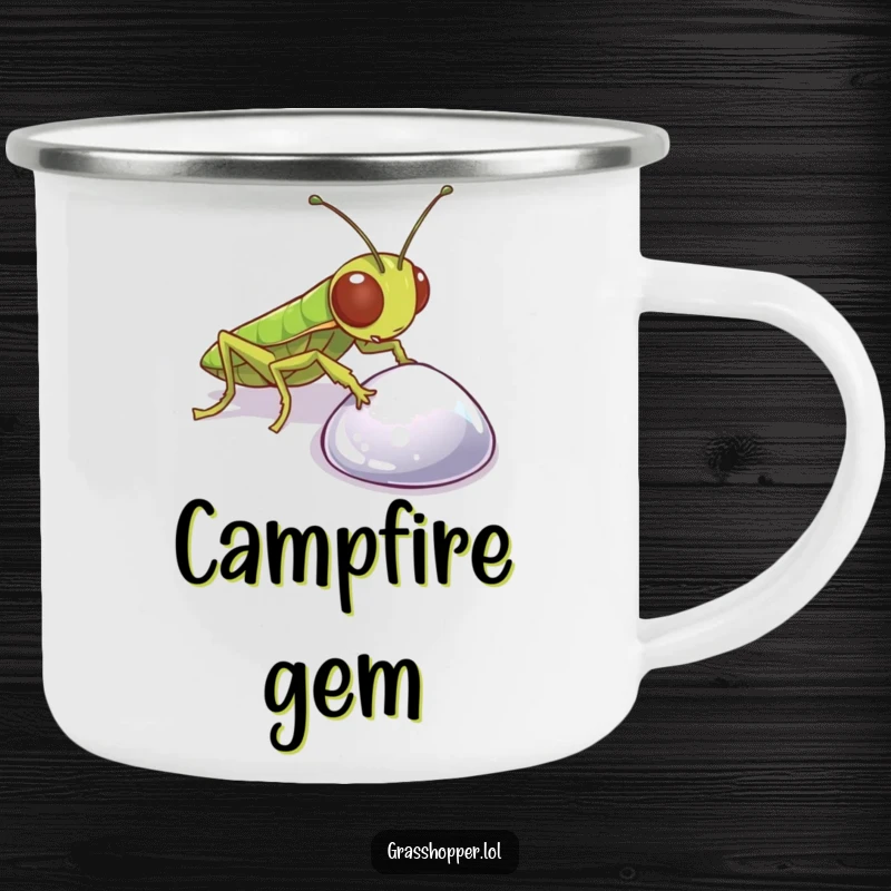 Funny Grasshopper Camping Mug with a curious insect examining a pebble, ideal for outdoor use and sparking conversation.