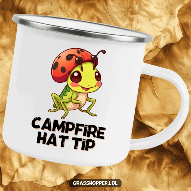 Funny grasshopper with a ladybug hat on a durable camping mug, cute outdoor companion gift.