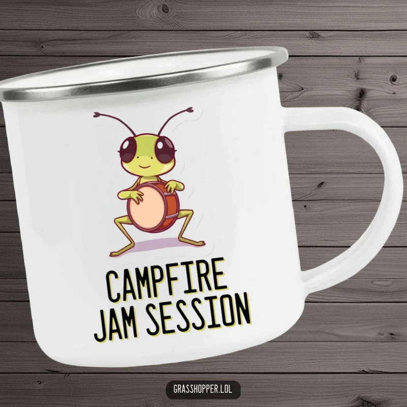 Funny grasshopper camping mug, energetically playing a tiny drum with its front legs during an outdoor adventure.
