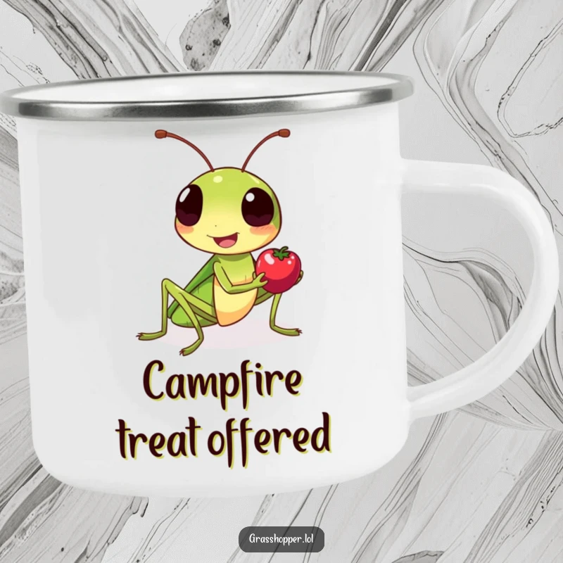 Funny grasshopper camping mug, smiling warmly, offering a tiny berry during an outdoor adventure.