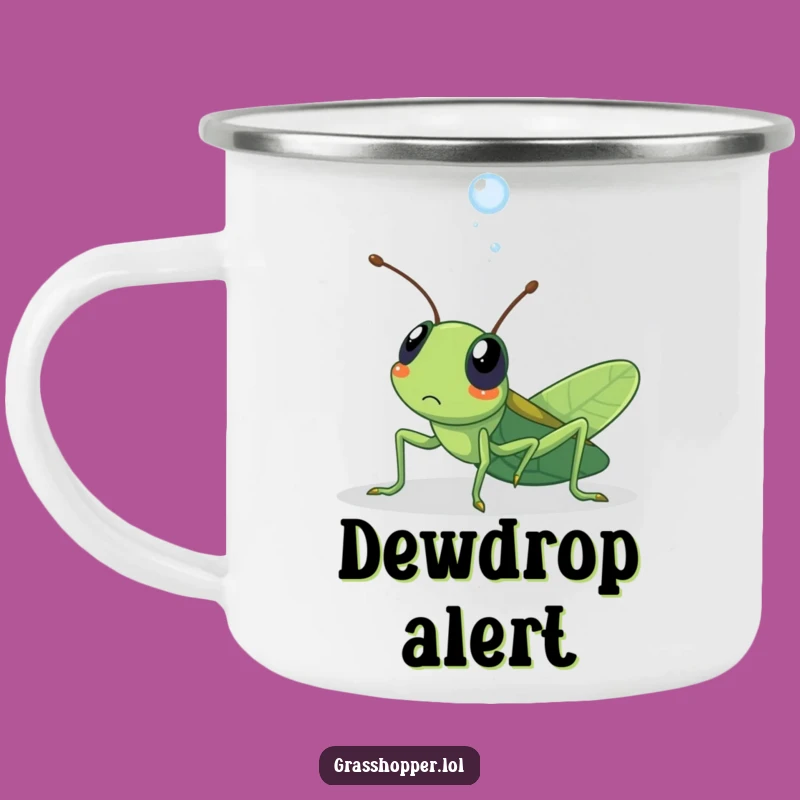 Funny Surprised Grasshopper Camping Mug: Dewdrop Surprise, Cute Outdoor Gift!
