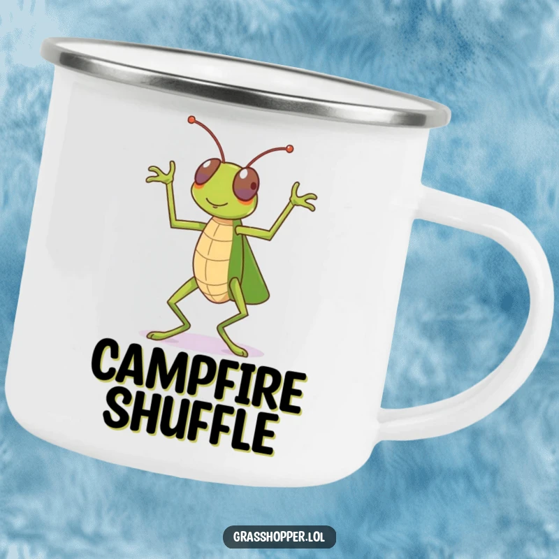 Funny grasshopper camping mug, mid-dance celebration, durable for outdoor use, a funny gift.
