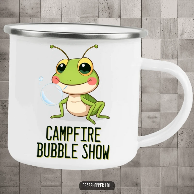 Funny grasshopper blowing a large bubble, designed for a rugged camping mug, bringing humor to outdoor activities.