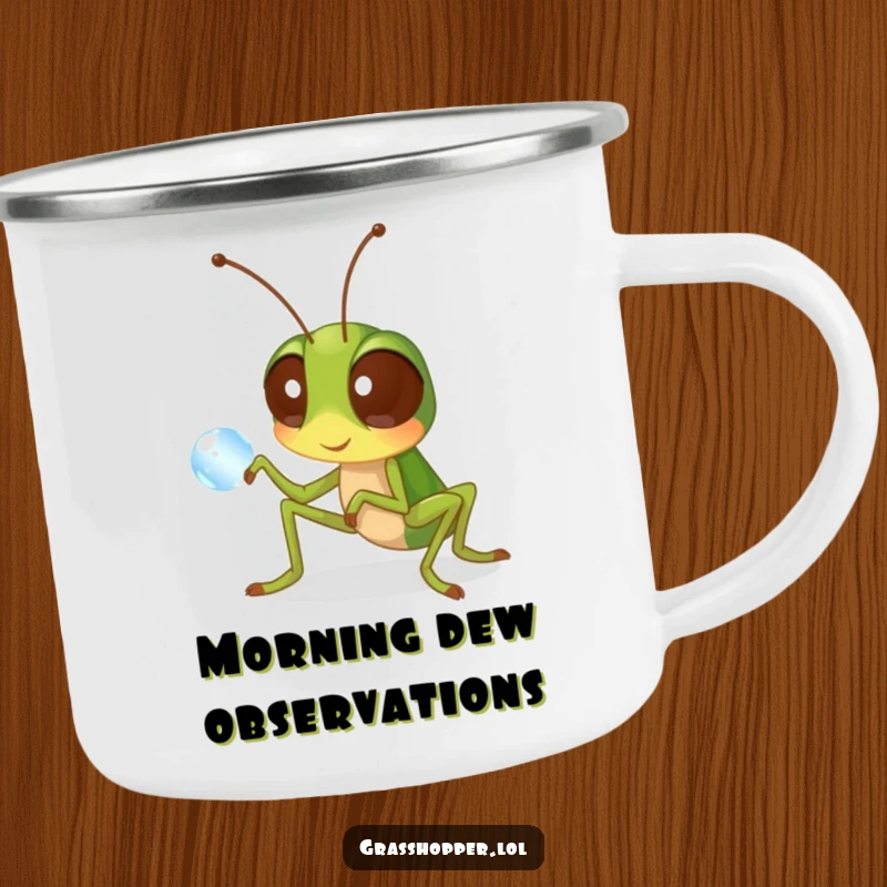 Funny grasshopper camping mug showing a curious insect examining a dewdrop, ideal for outdoor adventures and humor.