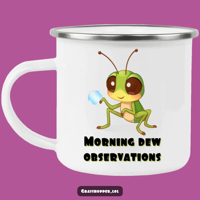 Funny Grasshopper Camping Mug: Curious Insect Dewdrop, Humorous Outdoor