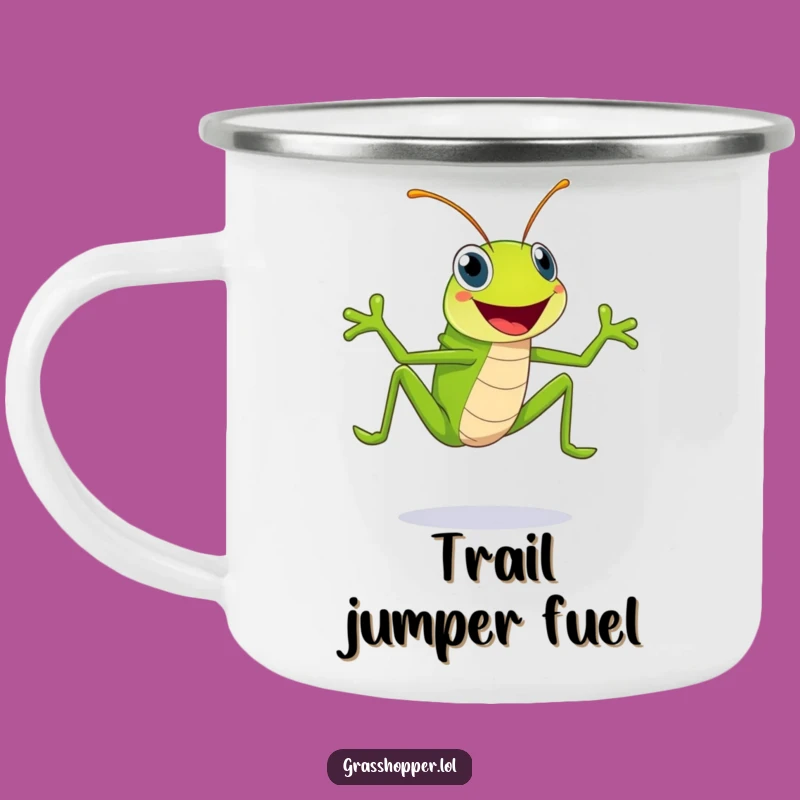 Funny Grasshopper Camping Mug: Happy Green Leaper with Huge Smile, Outdoor Gift!