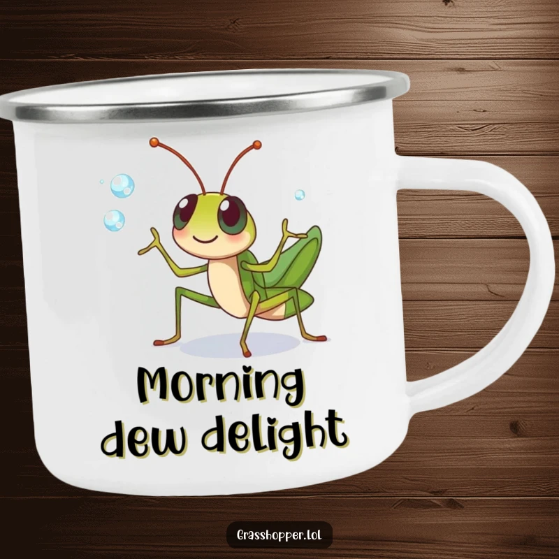 Funny grasshopper character cheerfully juggling dewdrops with its legs on this camping mug, a fun funny gift.
