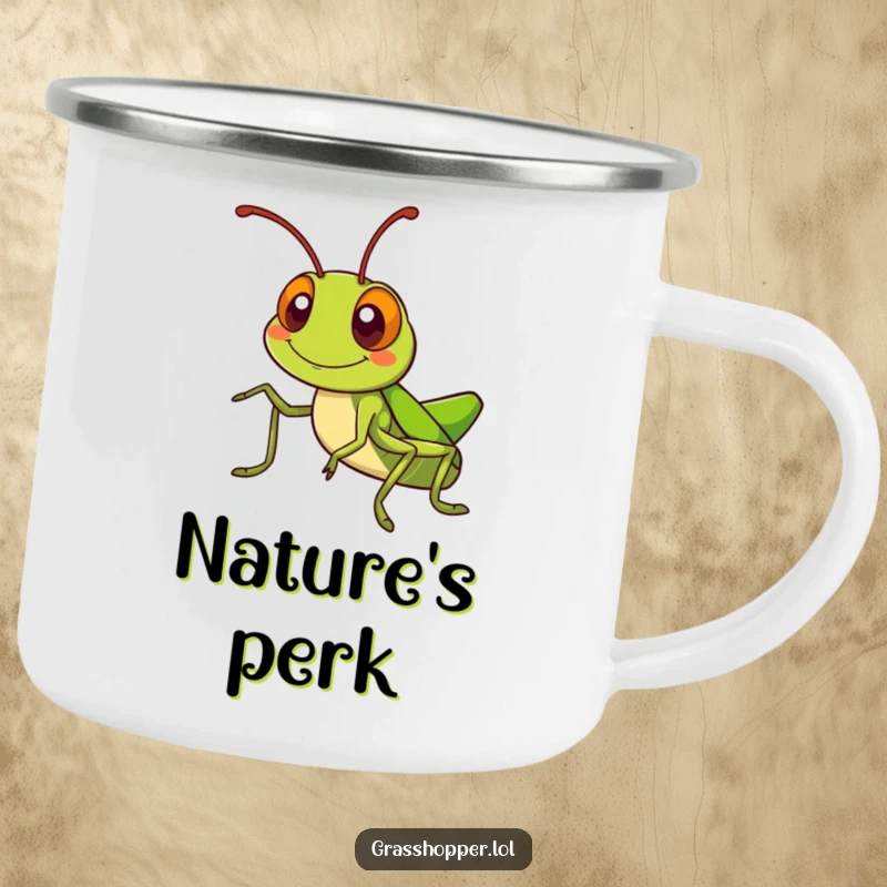 Kawaii grasshopper camping mug with a silly grinning grasshopper waving its antennae, perfect for outdoor cheer.