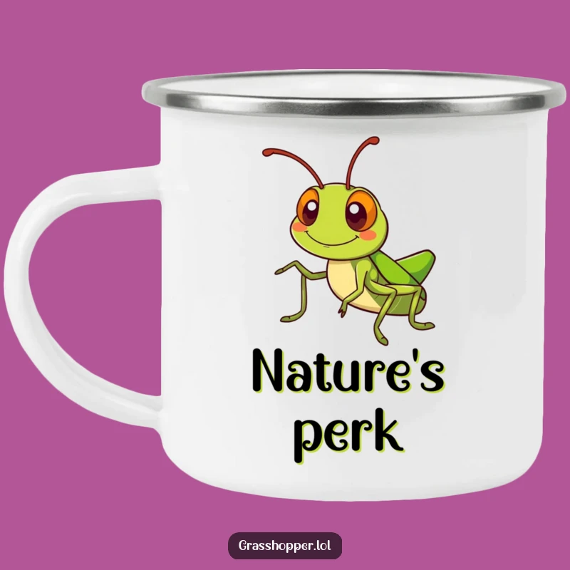 Kawaii Grasshopper Camping Mug: Silly Grin Antennae Wave, Cute Outdoor Gift!