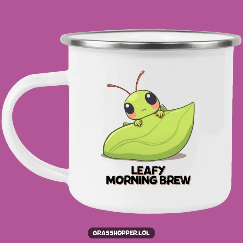Funny Kawaii Grasshopper Camping Mug - Cute Leaf Peeking Enamel Cup