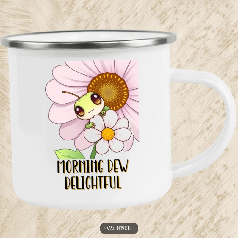 Funny grasshopper peeking from behind a flower, durable enamel camping mug, playful insect graphic, outdoor adventure essential.