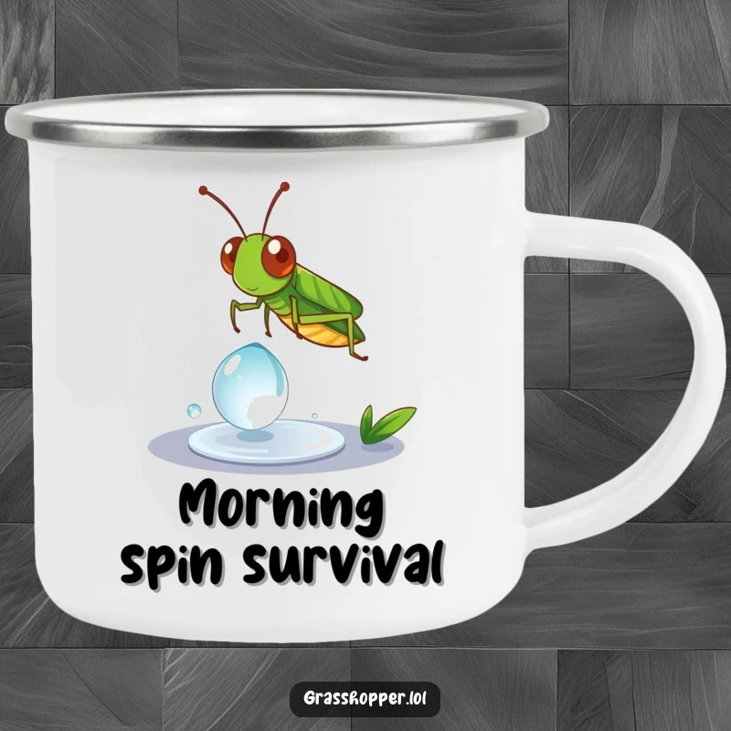 Funny Grasshopper Camping Mug depicting a grasshopper spinning on a dewdrop, perfect for outdoor enthusiasts.