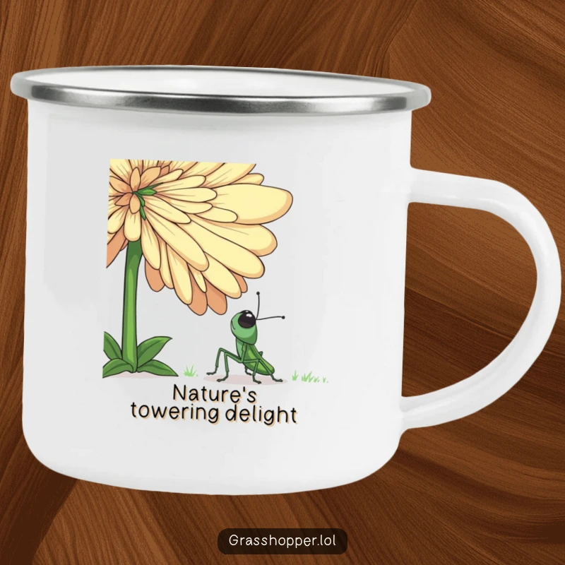 Funny grasshopper camping mug showing a small insect gazing at a giant flower, perfect for outdoor enthusiasts who love quirky designs.
