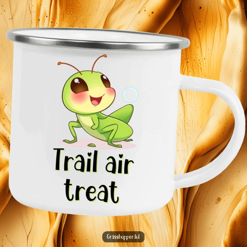 Funny grasshopper camping mug with a cute, giggling insect blowing a tiny bubble, durable for outdoor use and humorous enjoyment.