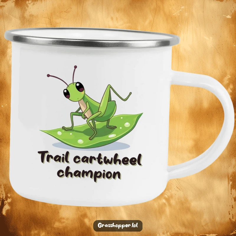 Funny Camping Mug: A grasshopper doing a cartwheel on a dewy leaf, ideal for energetic outdoor sips.
