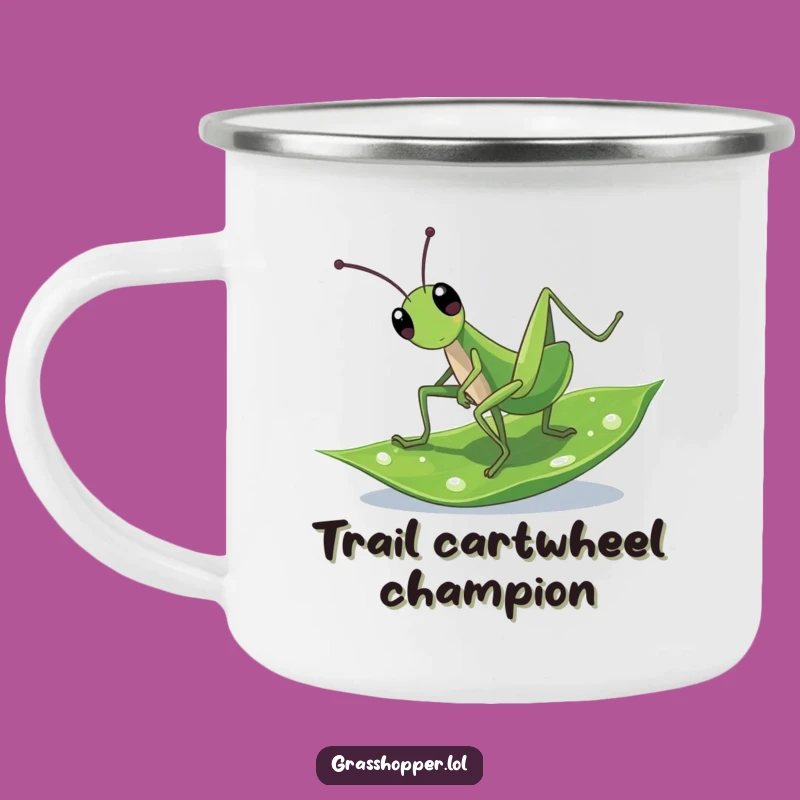 Funny Cartwheeling Grasshopper Camping Mug: Sip Your Adventure with Playful Energy