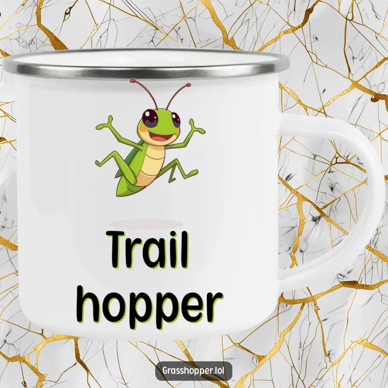 Funny Kawaii Grasshopper Camping Mug: A cheerful insect leaping into adventure, perfect for your outdoor funny moments.